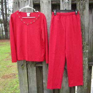 Links Women's V Neck Long Sleeve Top Pant Set Red Pockets, Elastic waist